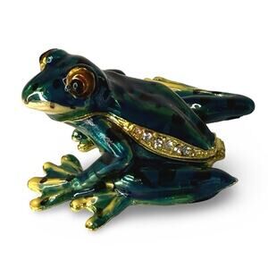 Vintage Enamel Jeweled Frog Trinket Box Green Gold Hinged Magnetic Cute Decor